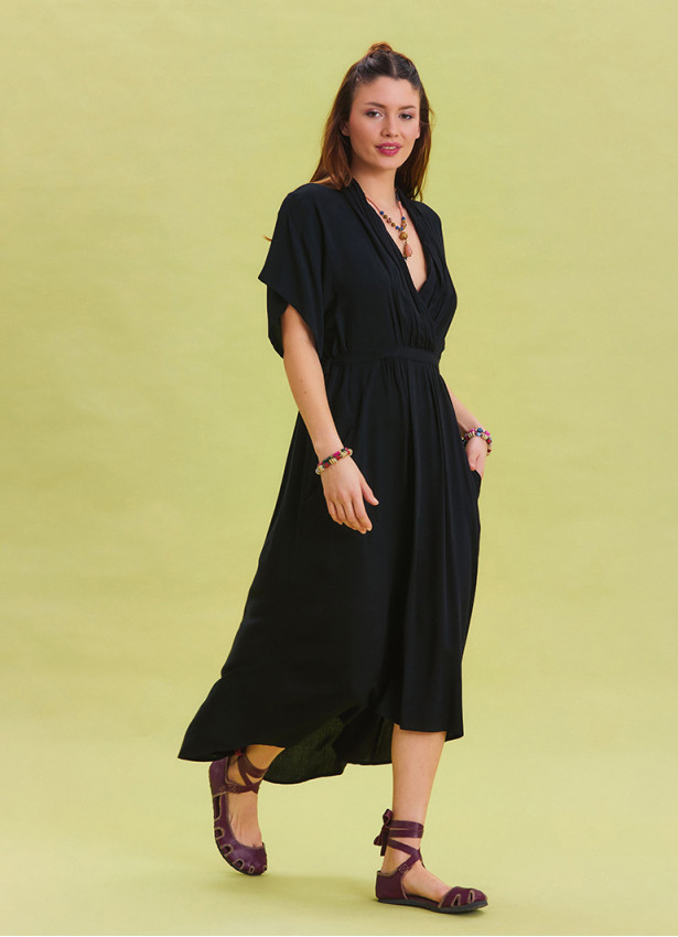 V Neck Gathered Detailed Black Casual Dress 4532